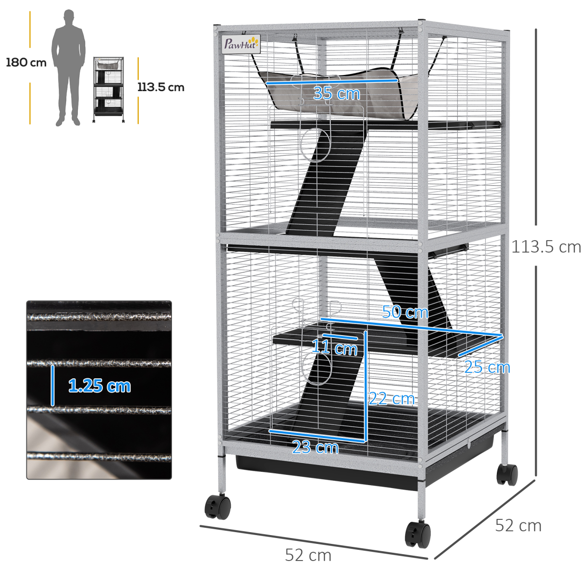 PawHut Rolling Small Animal Cage with Ramps & Platforms – Chinchilla and Ferret Cage with Hammock, Light Grey
