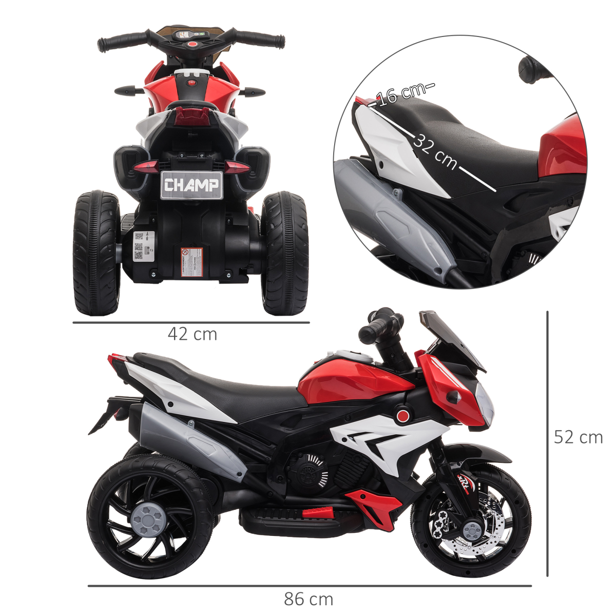 HOMCOM Kids Electric Ride-On Motorcycle with 6V Battery, Music, Horn & Lights – Toddler Trike, Red