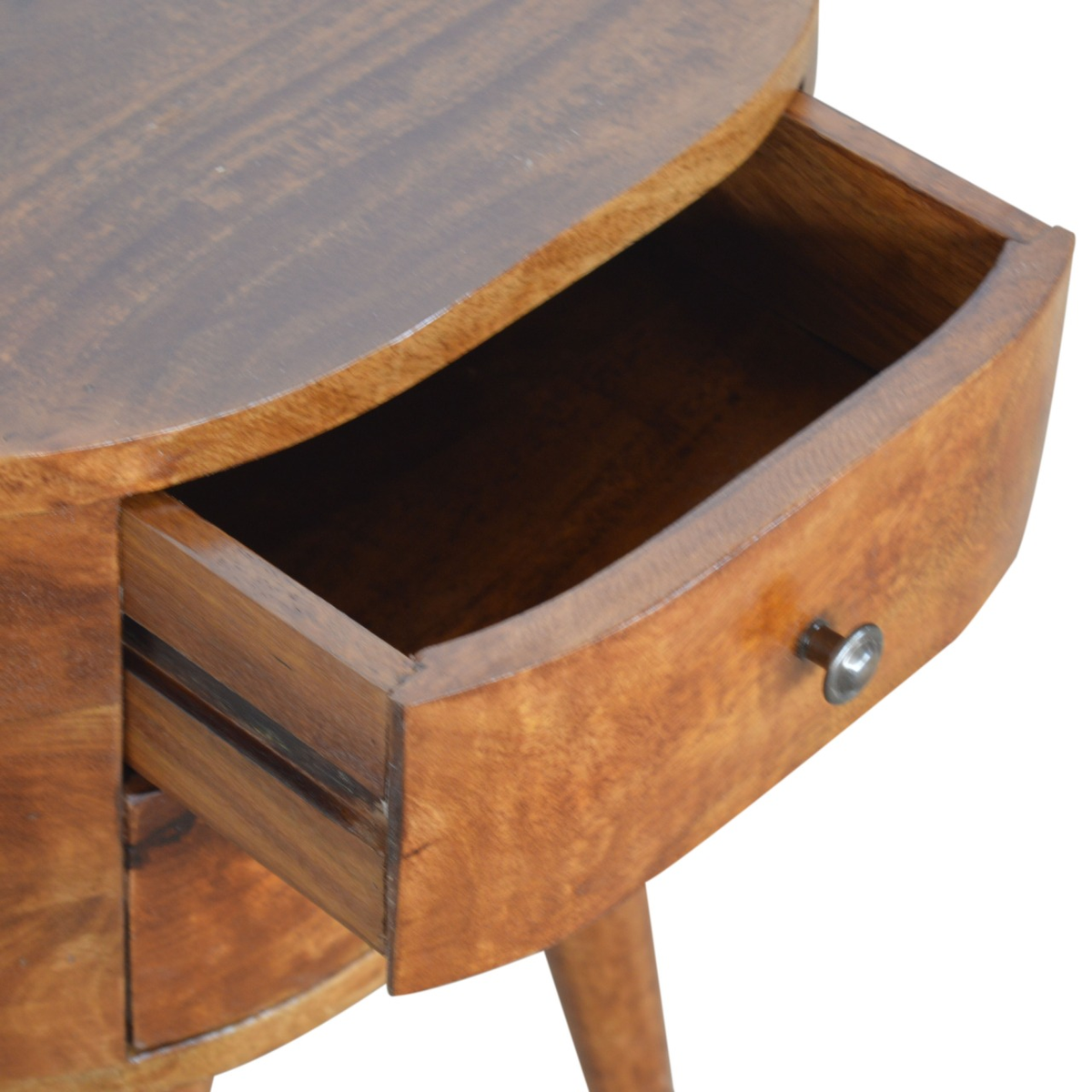 Artisan Furniture Chestnut Rounded Bedside Table with 2 Mini Drawers – Solid Mango Wood, Dark Brown