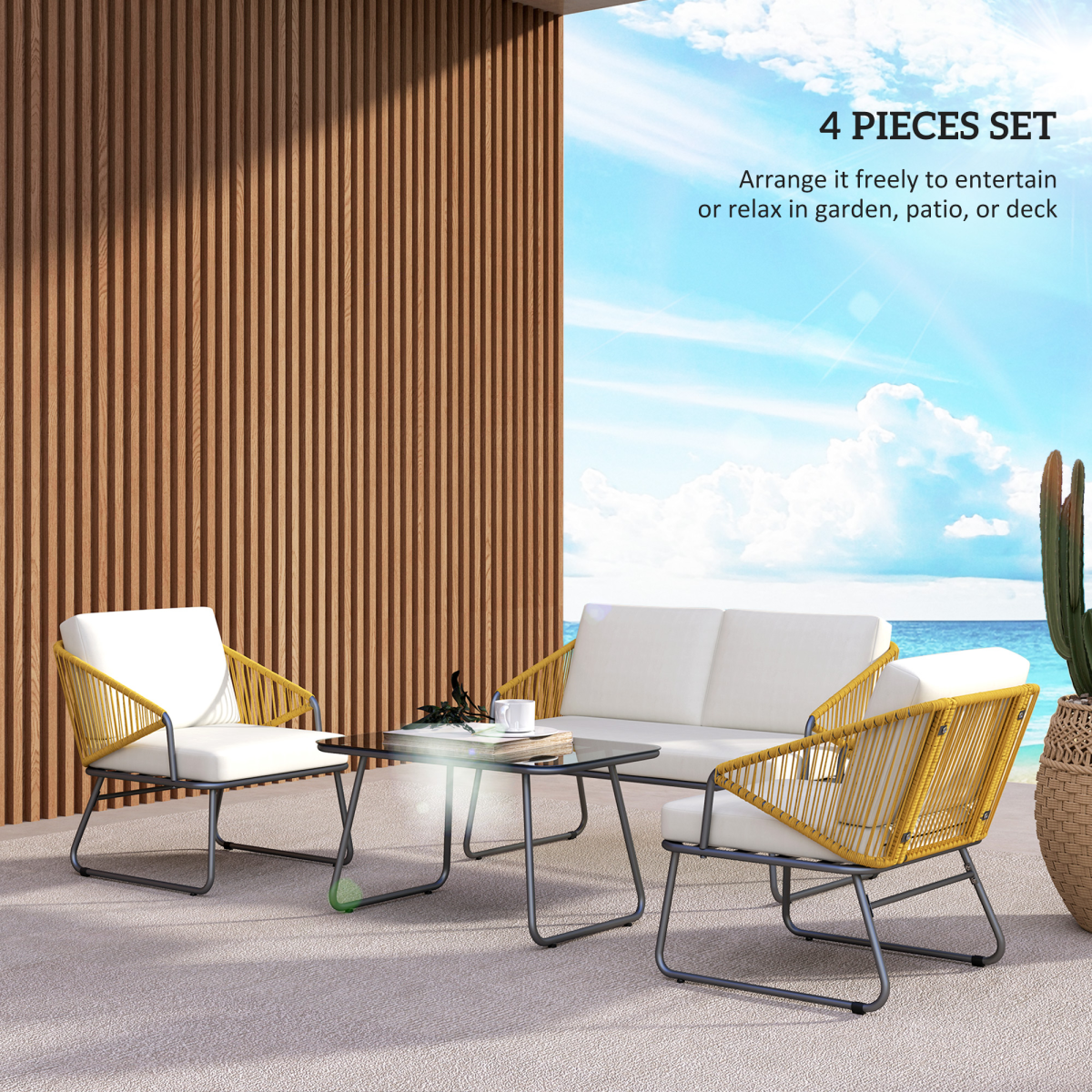 Outsunny 4-Piece PE Rattan Garden Furniture Set with Loveseat, Cushions & Glass Coffee Table, Natural