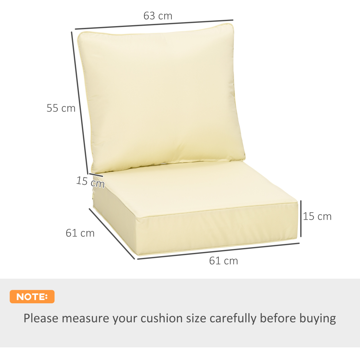 Outsunny Outdoor Seat and Back Cushion Set with 15cm Thick Filling – Deep Seating Garden Chair Cushions, Beige