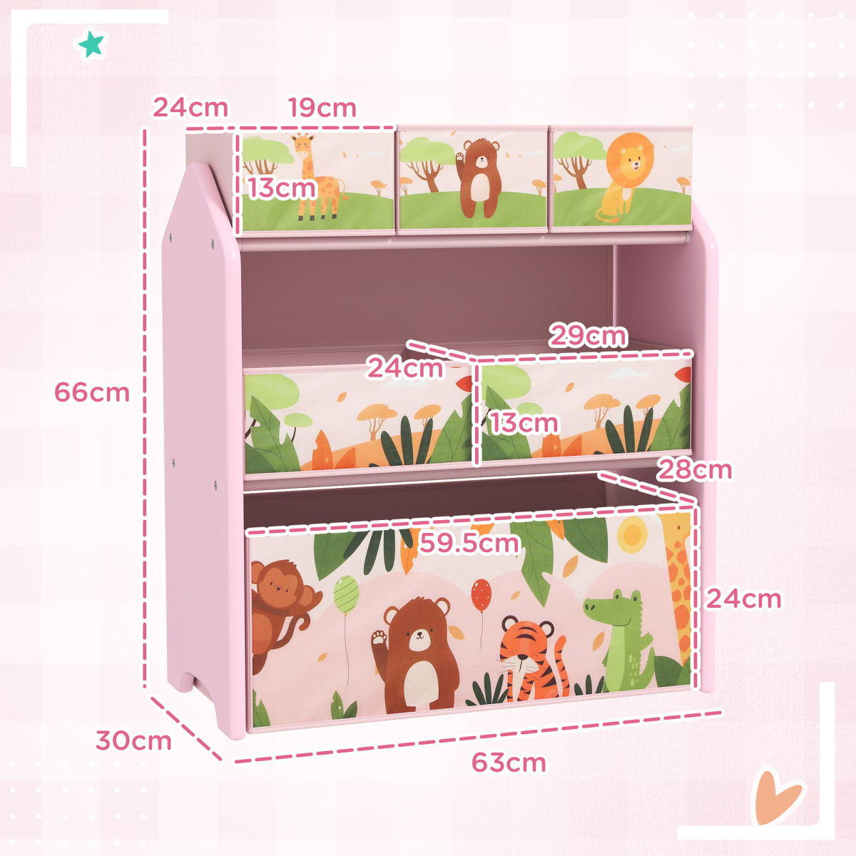 AIYAPLAY Kids Toy Storage Unit with 6 Fabric Boxes – Pink 3-Tier Playroom Organiser