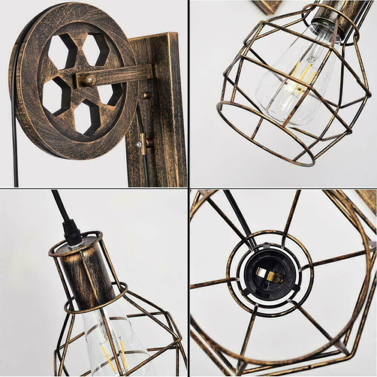 LEDSone Retro Pulley Wheel Cage Wall Light with E27 Holder & Adjustable Hanging Cable – Brushed Copper