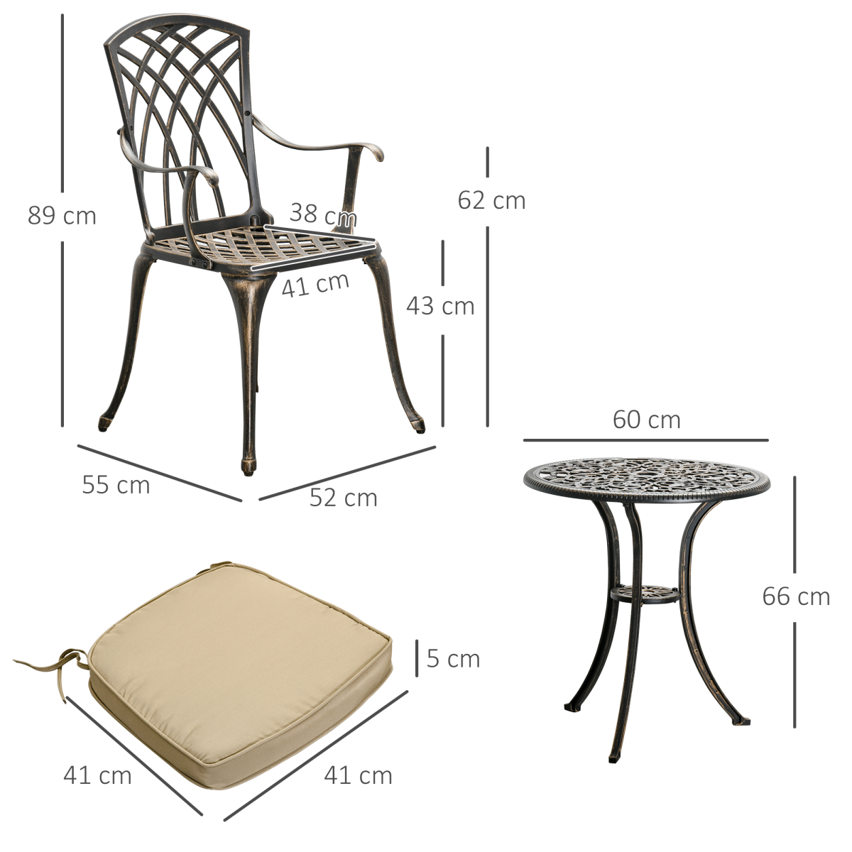 Outsunny 3-Piece Cast Aluminium Garden Bistro Set with Cushions & Parasol Hole – Table and 2 Chairs, Bronze