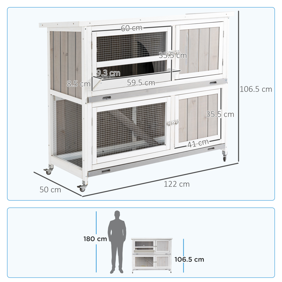 PawHut Two-Tier Wooden Rabbit Hutch with Ramp, Wheels, Trough & Rain Cover – Outdoor Pet House, Grey