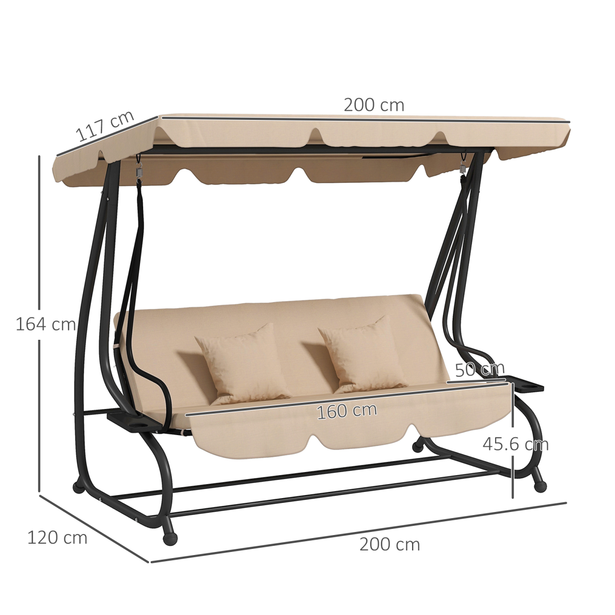 Outsunny 2-in-1 Garden Swing Chair for 3 People with Adjustable Canopy & Convertible Bed – Patio Hammock Seat, Light Brown