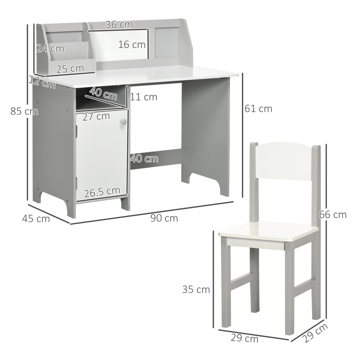 HOMCOM Kids Table and Chair Set with Whiteboard and Storage – 2-Piece MDF and Pinewood Study Desk, Grey