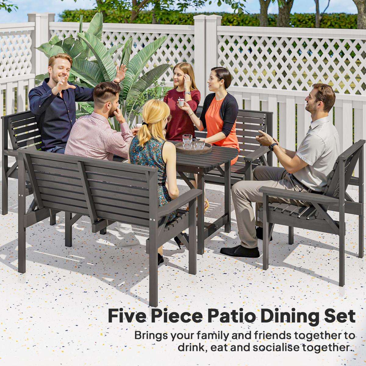 Outsunny 5-Piece Fir Wood Patio Dining Set with 60mm Umbrella Hole – Table, Chairs & Loveseats, Grey