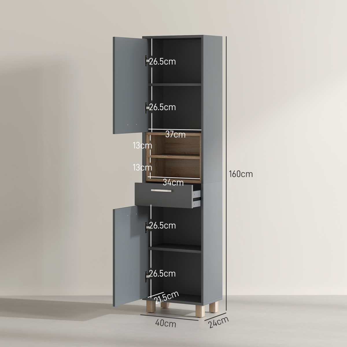 HOMCOM Bathroom Storage Unit with Two Cabinets, Open Shelves & Drawer – Freestanding Tall Cabinet, Grey