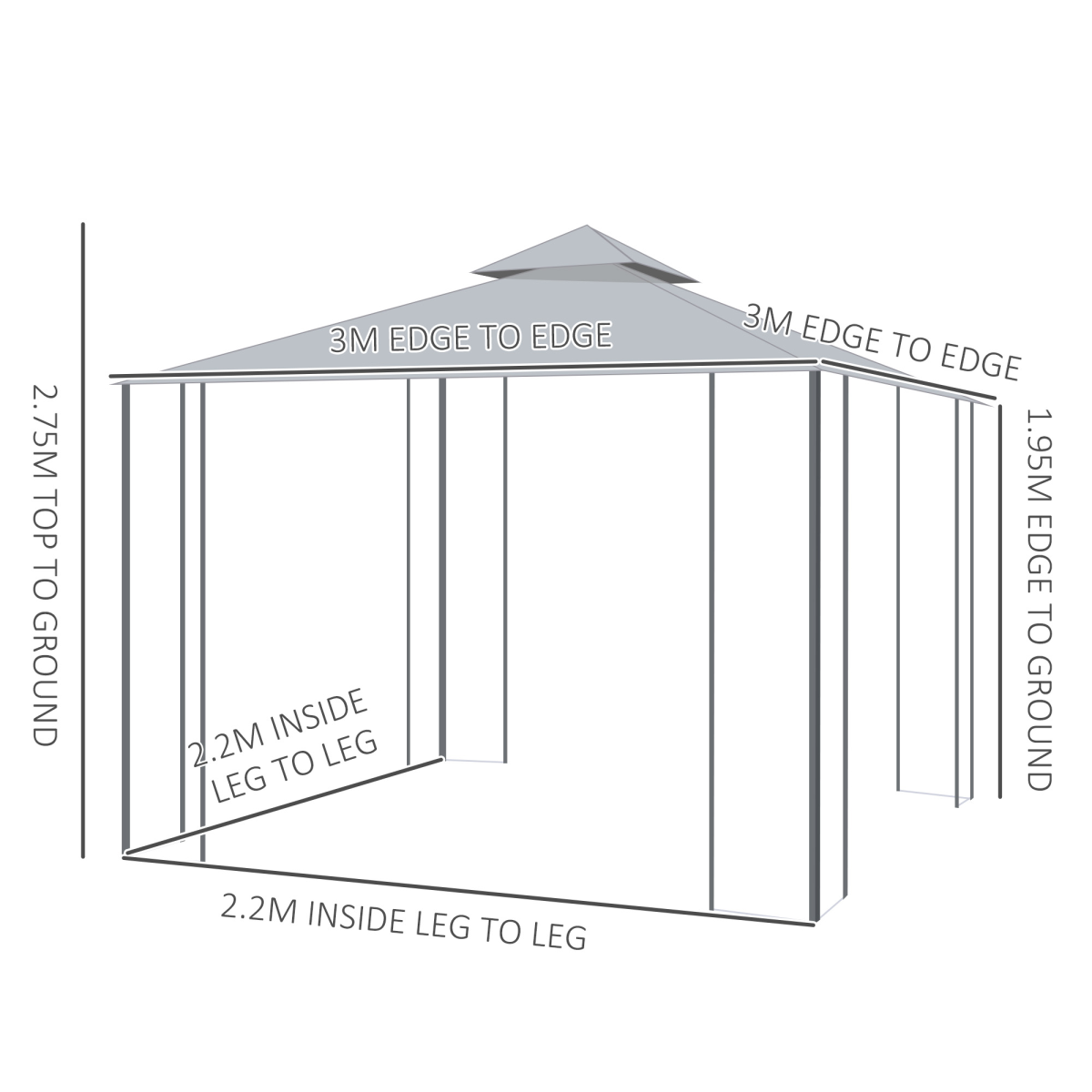 Outsunny 3 x 3m Double-Top Garden Gazebo with Four Curtains & Insect Netting – Steel Frame Party Shelter, Grey
