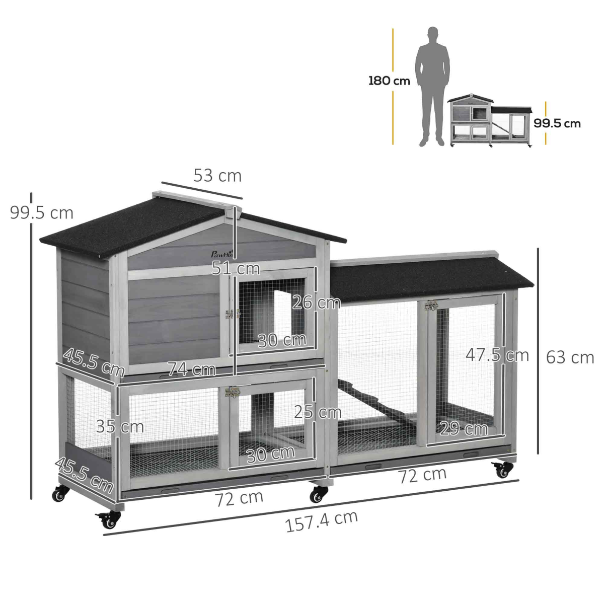 PawHut Wooden Rabbit Hutch, Guinea Pig Cage with Wheels, Slide-Out Tray & Ramp – Outdoor, Light Grey