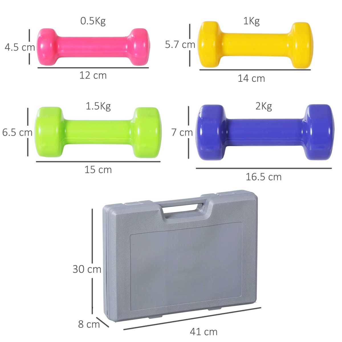 HOMCOM 10kg Dumbbell Set with Carry Case, 4 Pairs (0.5kg, 1kg, 1.5kg, 2kg) – Colourful Home Gym Hand Weights