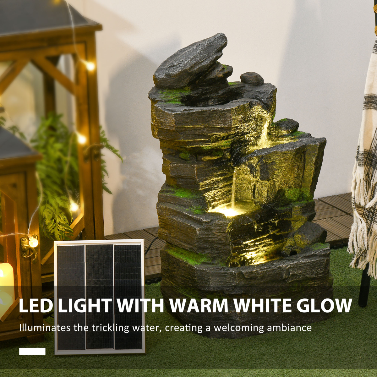 Outsunny Solar Powered Four-Tier Garden Fountain with 3 LED Lights – Outdoor Water Feature, Dark Grey and Green