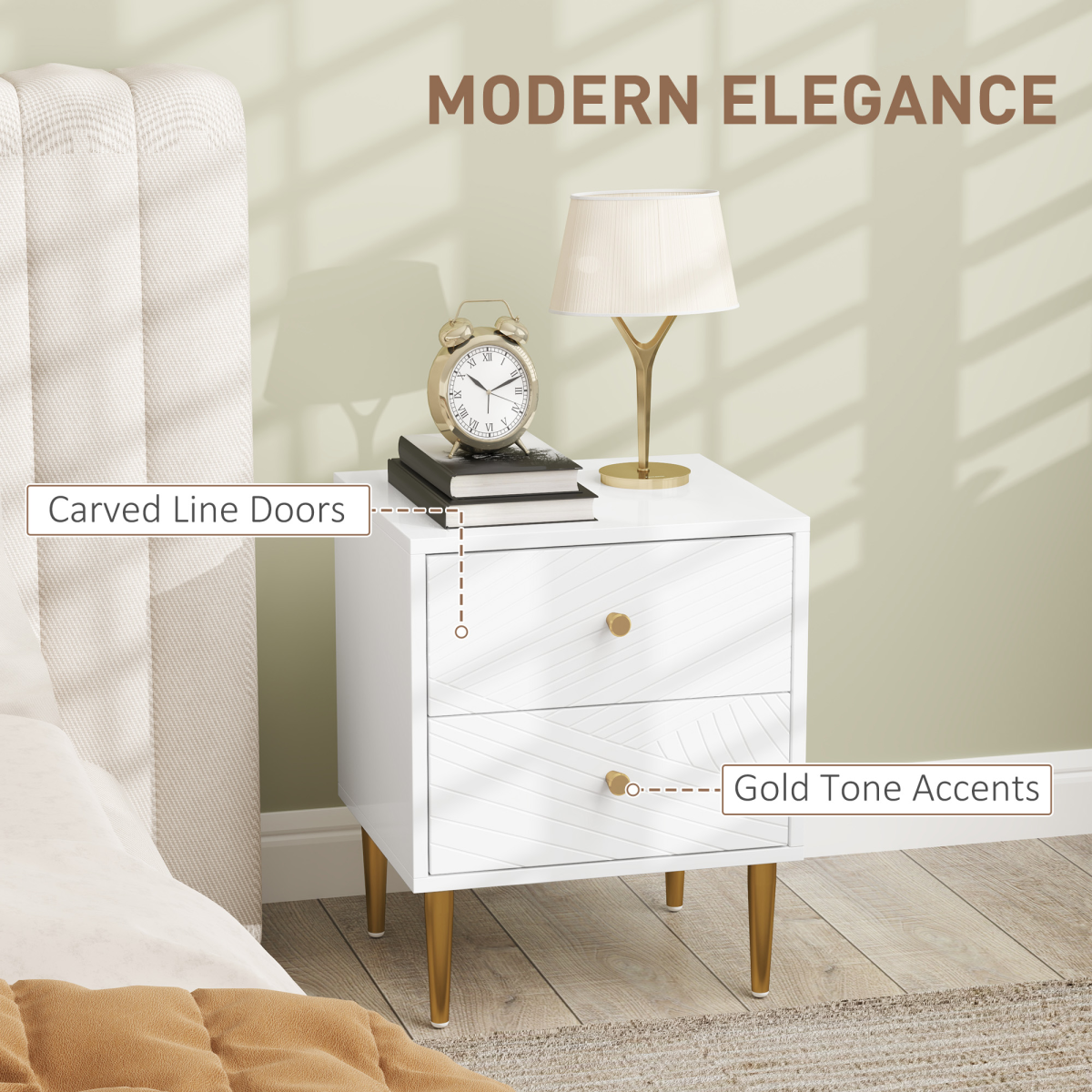 HOMCOM White Bedside Table with 2 Storage Drawers & Gold Tone Handles – Nightstand with Metal Legs