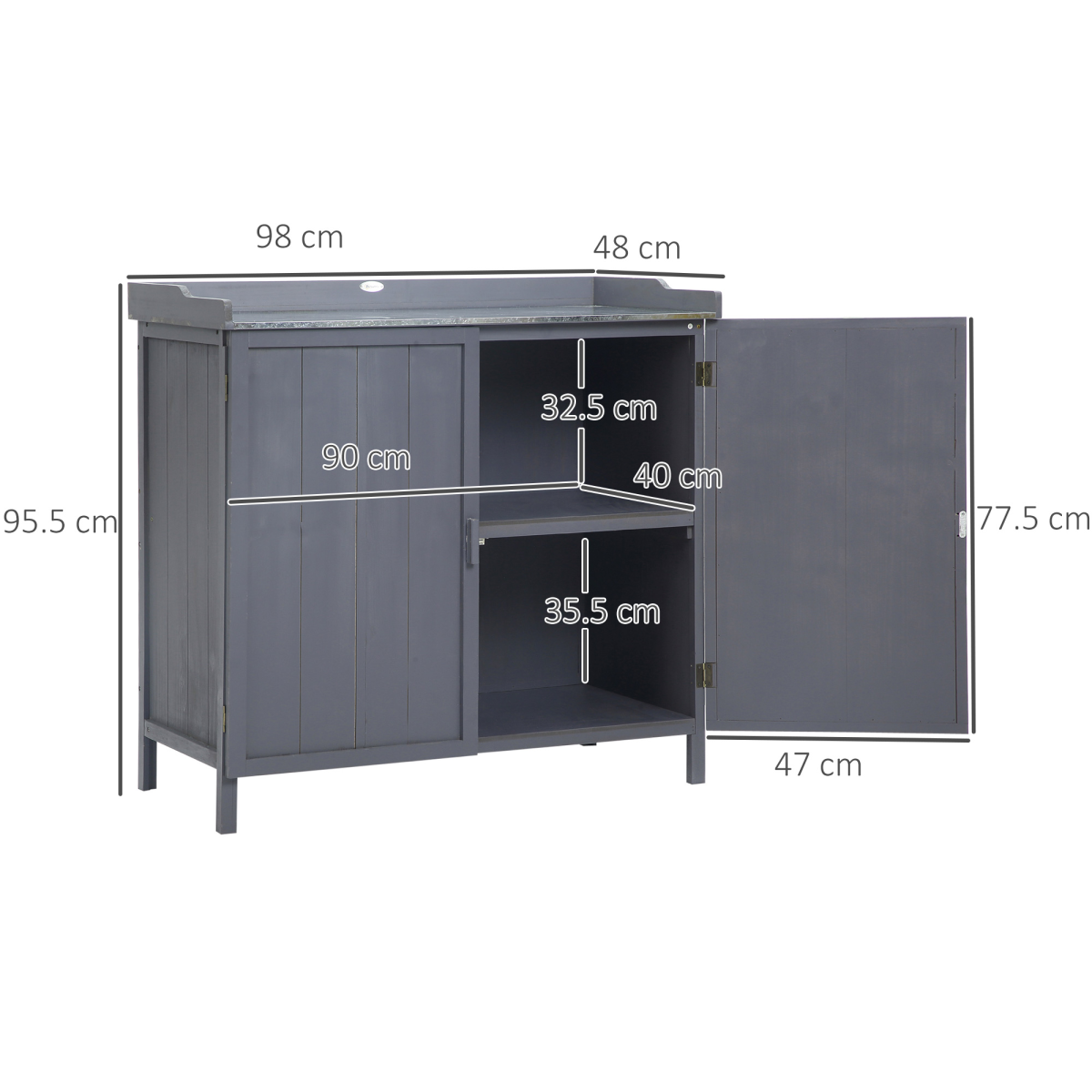 Outsunny Potting Bench Storage Cabinet with Galvanised Worktop & Magnetic Doors – Fir Wood Workstation, Grey