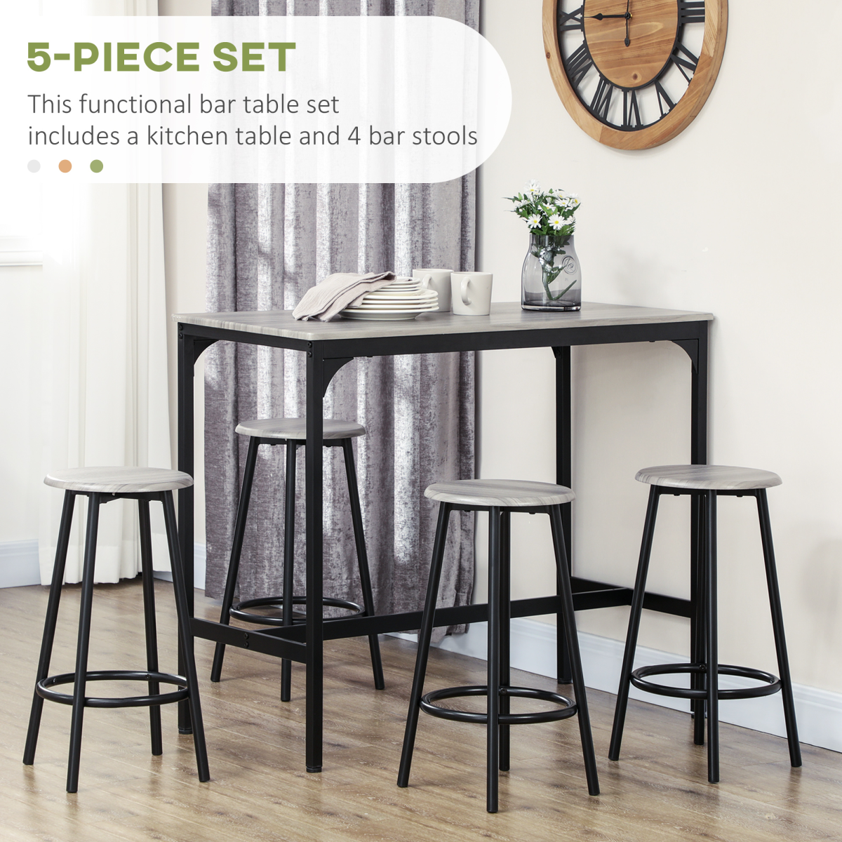 5-Piece Pub Table and Chair Set with MDF Top & Metal Frame, 4 Stools – Space-Saving Bar Set, Grey & Black