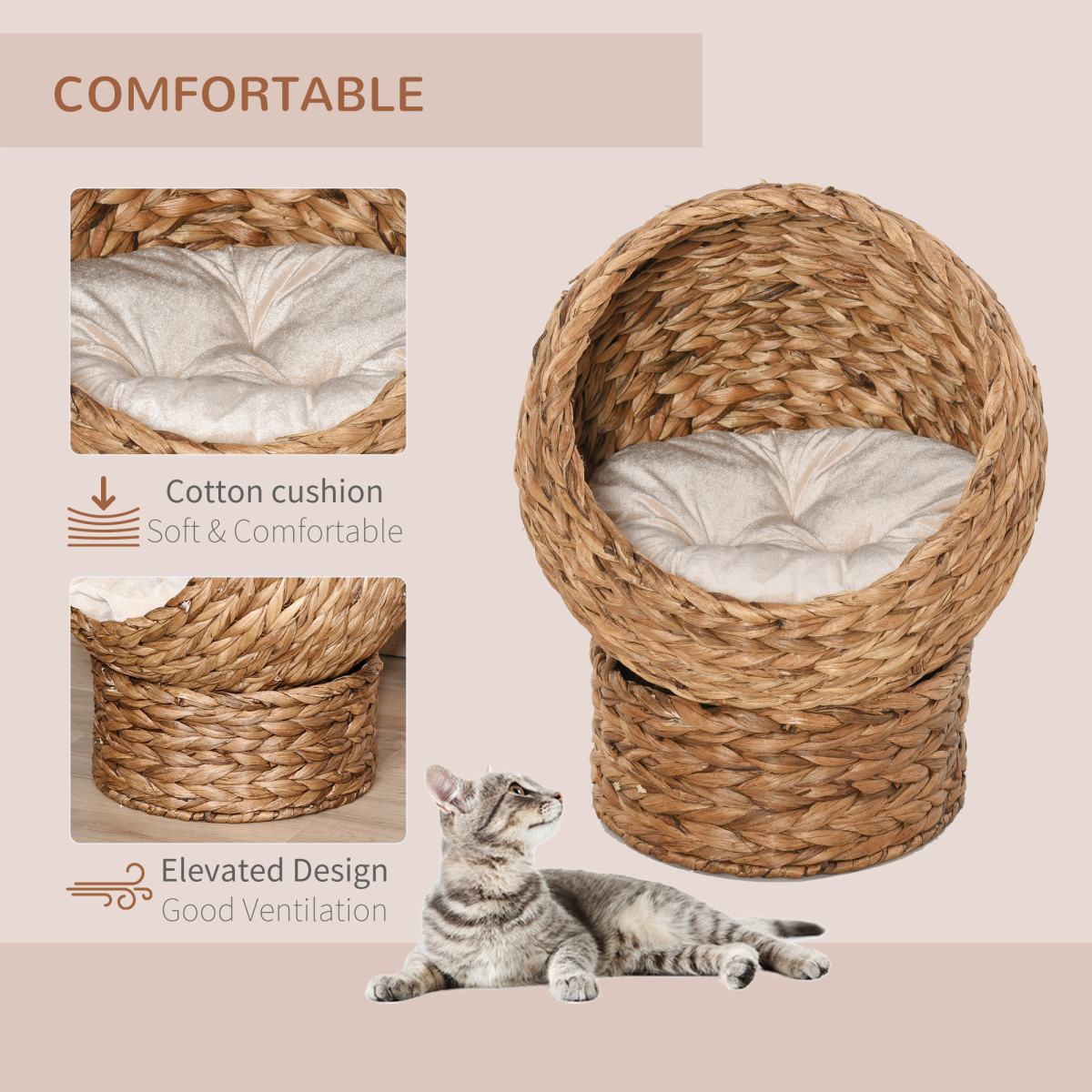 PawHut Elevated Hooded Rattan Cat House with Cushion, Water Hyacinth – Cat Basket Bed, Brown