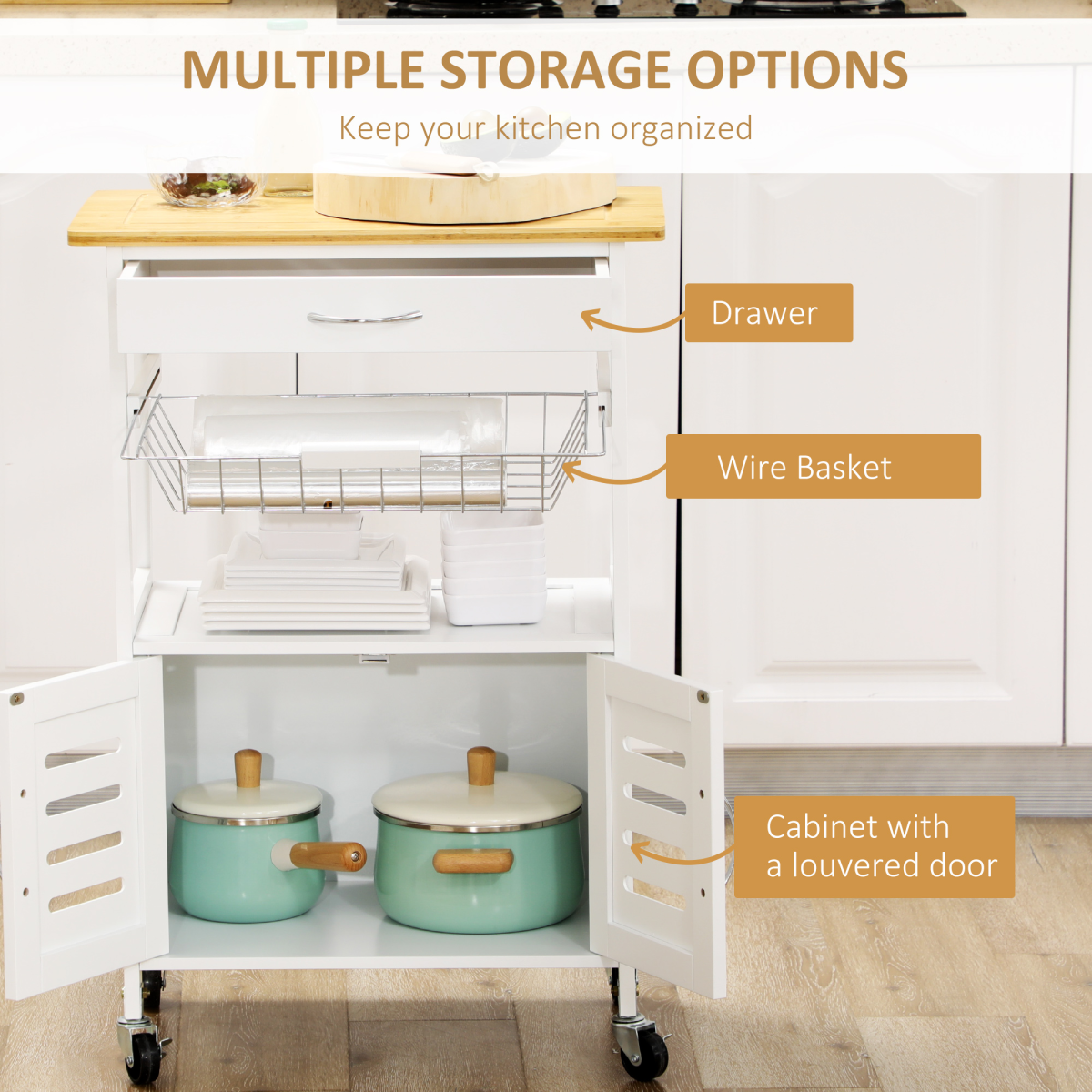 HOMCOM Kitchen Island Trolley with Bamboo Top, Drawer, Cabinet & Lockable Wheels – Rolling Storage Cart
