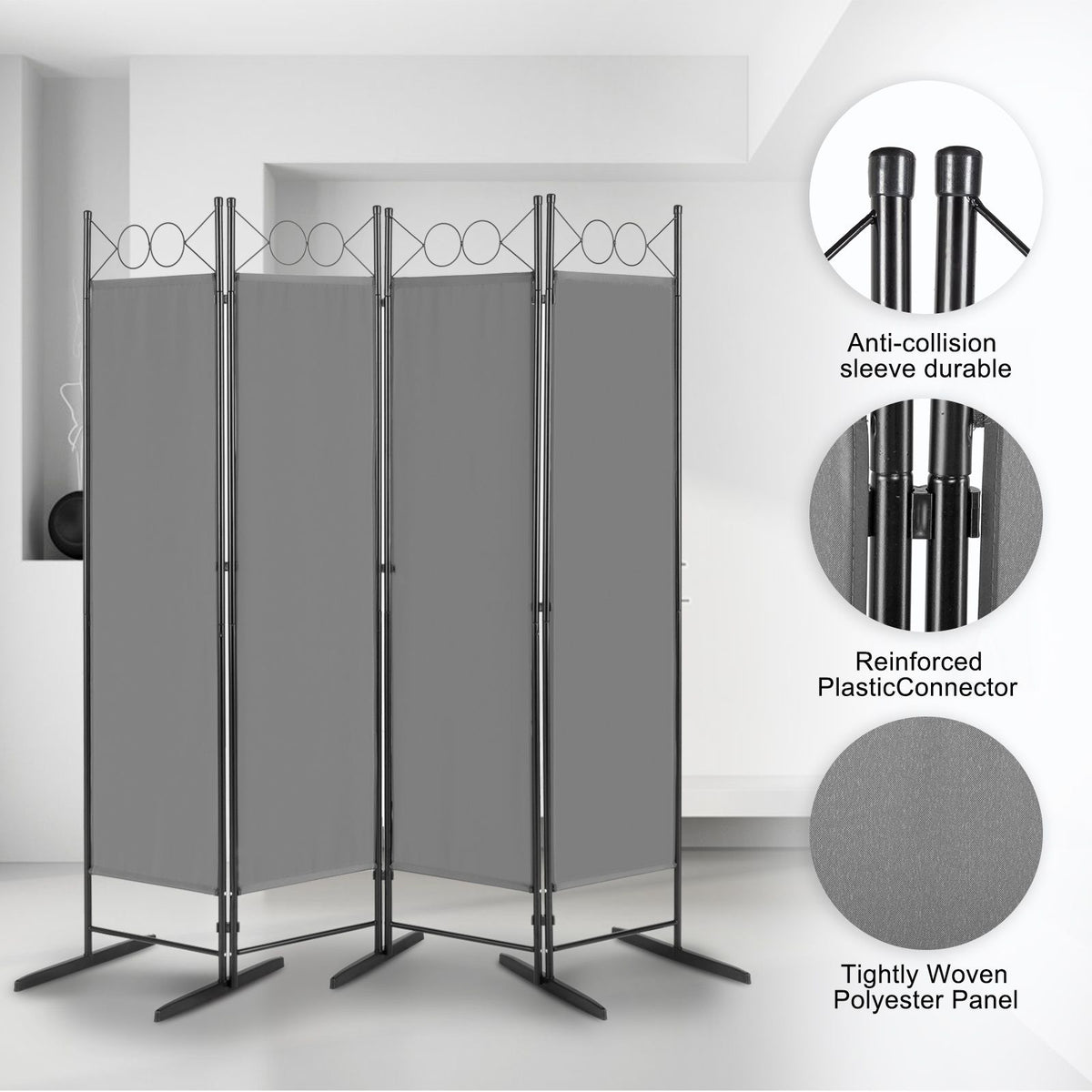 5.7ft 4-Panel Folding Room Divider with Shaped Top – Polyester Fabric Privacy Screen, Steel Frame, Grey