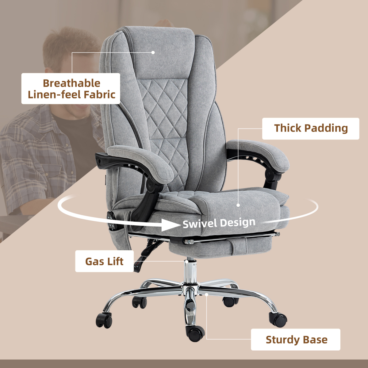 Heated Massage Office Chair with Footrest & Remote – 6-Point Vibration, Lumbar Heat, Grey Velvet