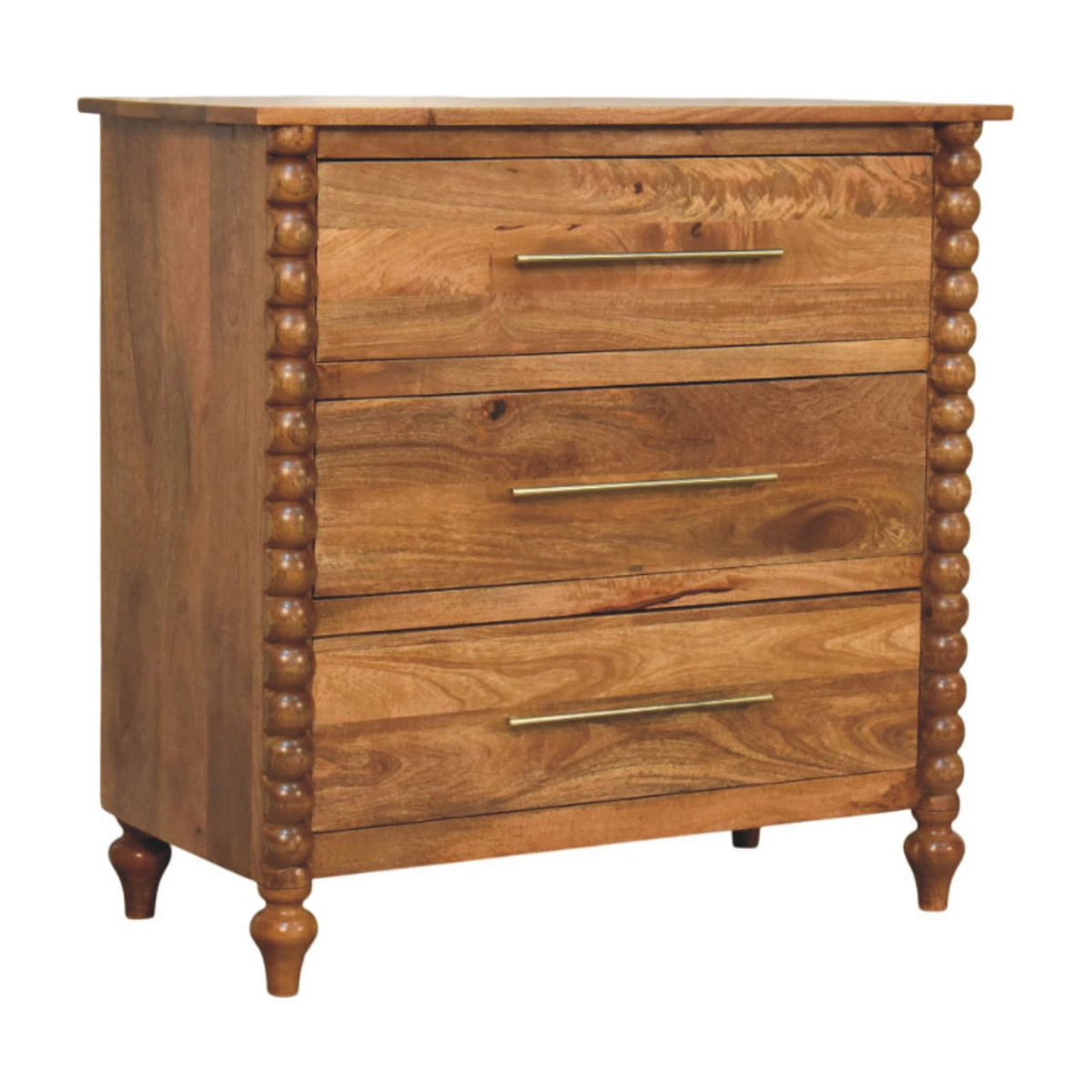 Artisan Furniture Solid Wood Spindle Chest of 3 Drawers with Brass Handles – Amber Oak Finish, Brown