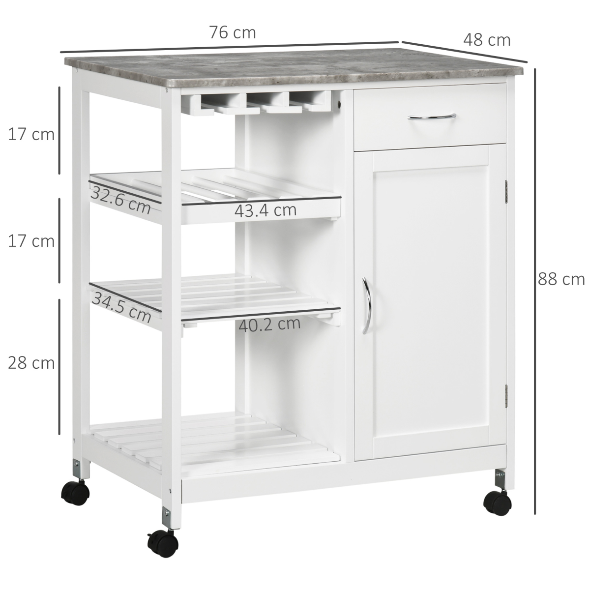 HOMCOM Kitchen Trolley Utility Cart with Wine Rack, Drawer & Shelves – Marble-Effect Top, White