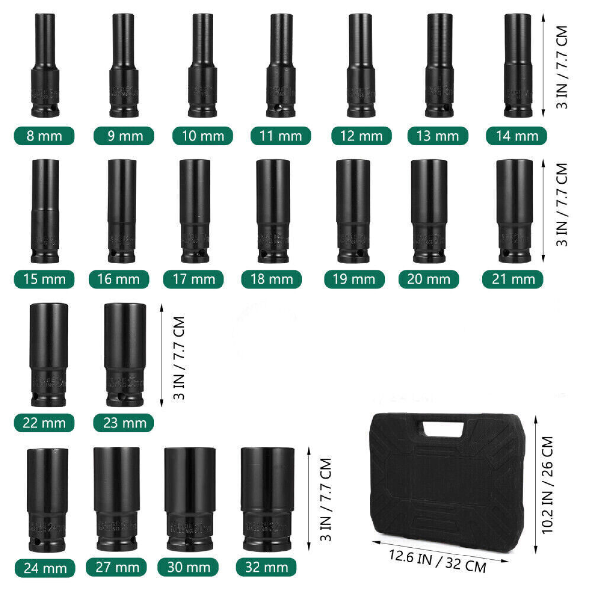 20-Piece Deep Impact Socket Set, 1/2 Inch Drive Metric 8–32mm – High-Carbon Steel with Storage Case