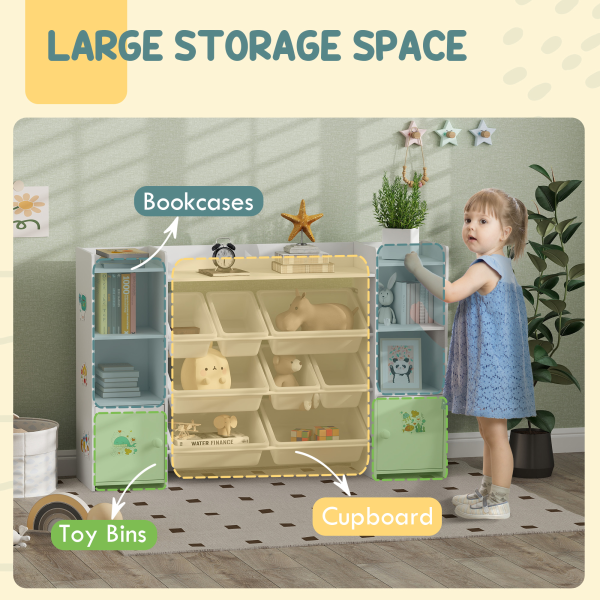 AIYAPLAY Kids Toy Storage Organiser with 8 Removable Bins, Bookcase & Cupboard – White
