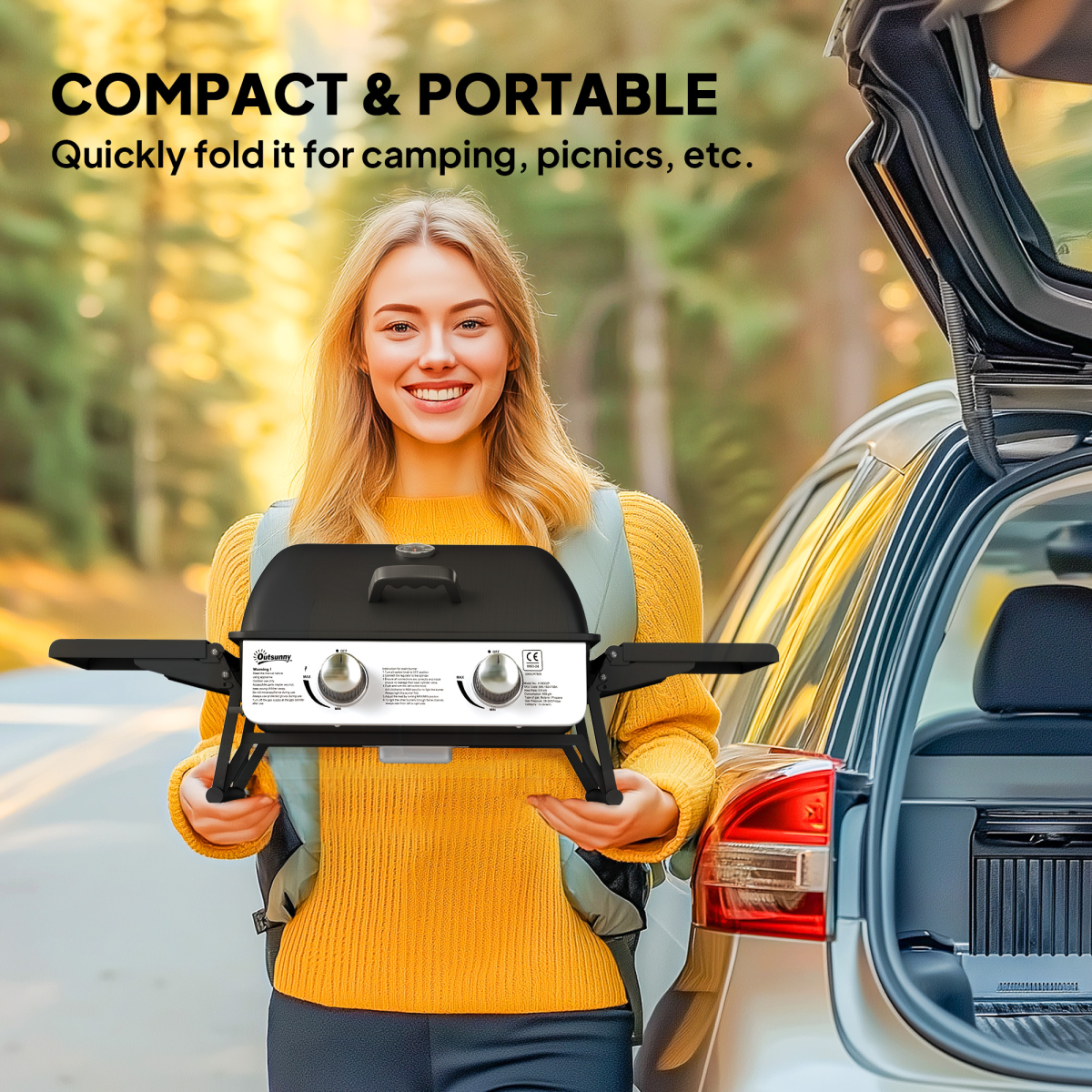 Outsunny Portable Tabletop Gas BBQ Grill with 2 Burners, Lid & Thermometer – Compact Outdoor Barbecue, Black