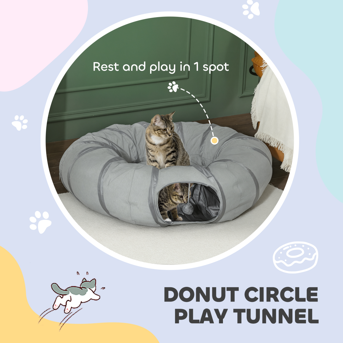 PawHut 2-in-1 Cat Tunnel with Bed, Zip-Together Play Tunnel with Hanging Toy Ball for Indoor Cats, Grey