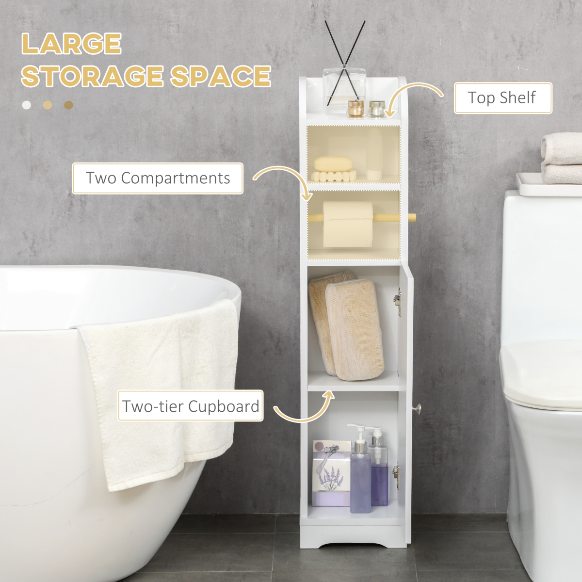 kleankin Freestanding Bathroom Storage Unit with Adjustable Shelf and Toilet Roll Holder – Slim, White