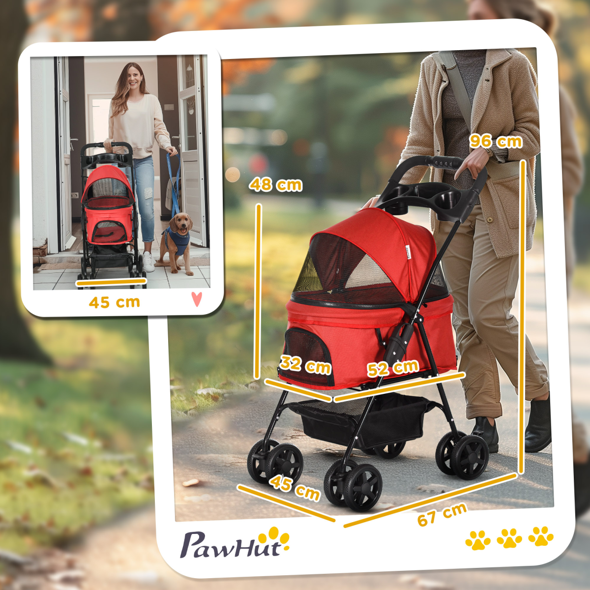 Foldable Pet Stroller with Brakes, Adjustable Canopy, Basket & Safety Leashes – Travel Carriage for Mini Dogs