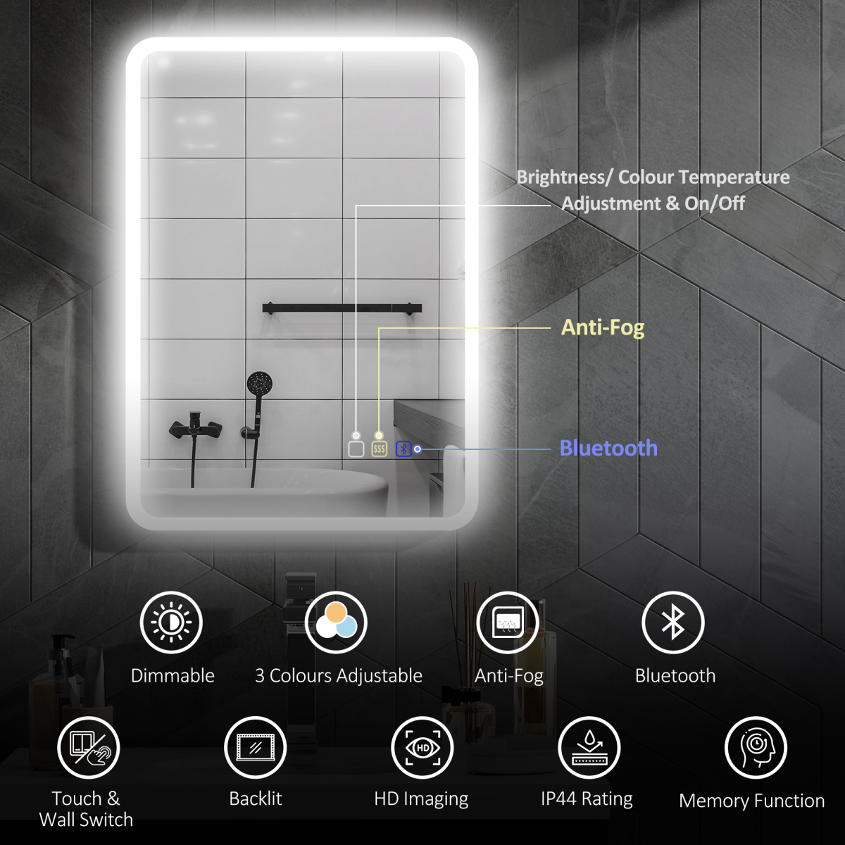 HOMCOM 500 x 700 mm Bluetooth Bathroom Mirror with LED Lights Wall Mounted