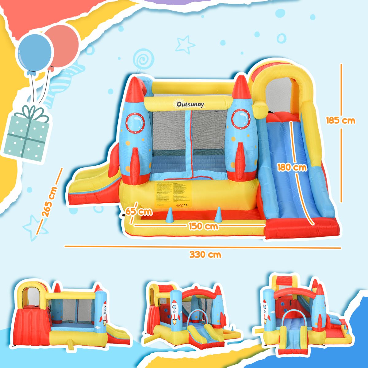 Rocket-Themed Bouncy Castle with Two Slides, Splash Pool, Trampoline & Climbing Wall – Garden Inflatable