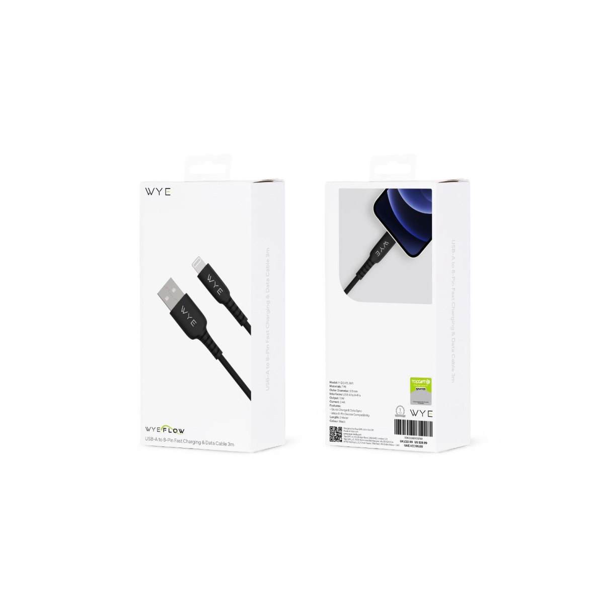 WYE USB-A to 8-Pin Fast Charging and Data Cable, 3m – Quick Charge & Data Sync, Black