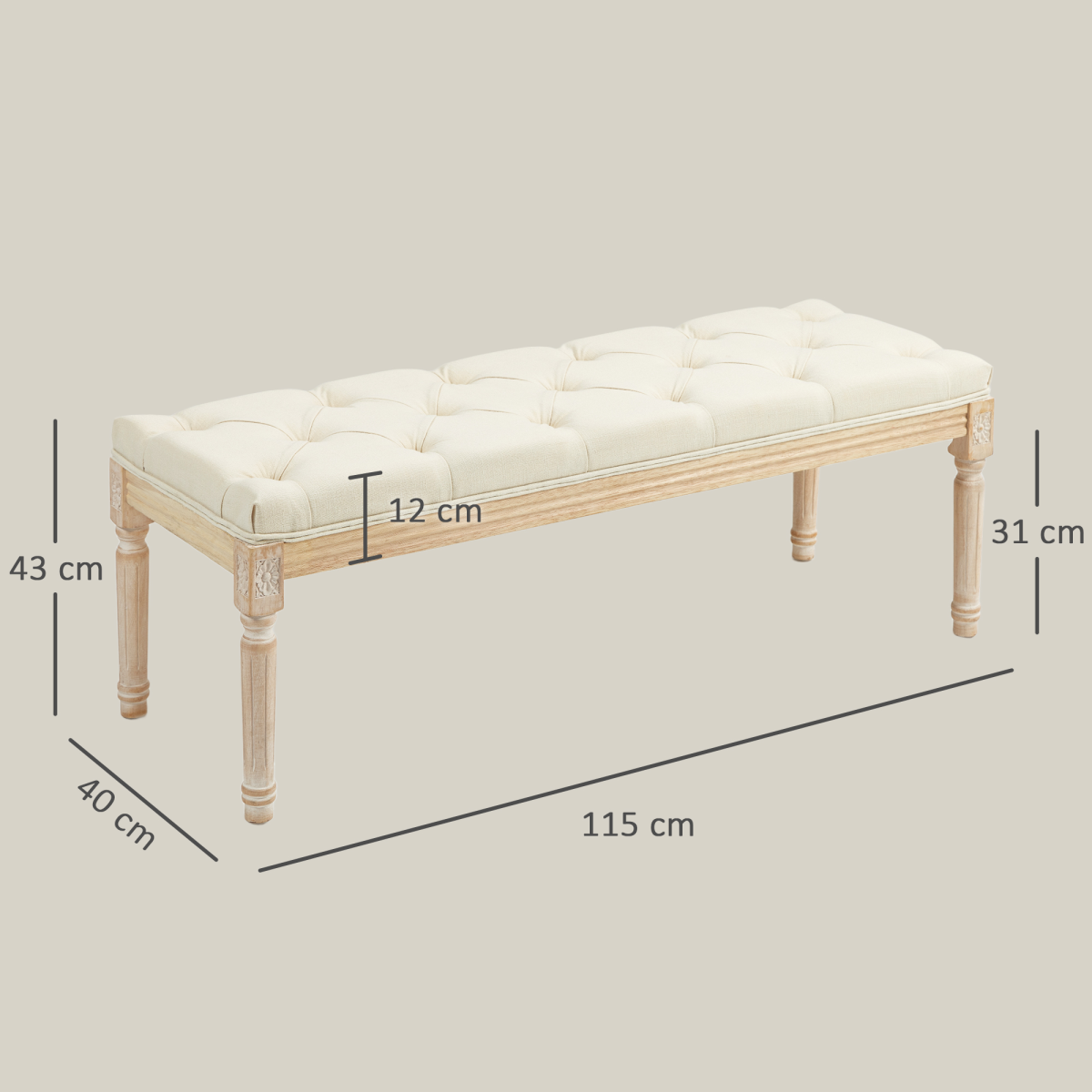 HOMCOM Upholstered End of Bed Bench, Button-Tufted Linen-Touch Ottoman, Cream White