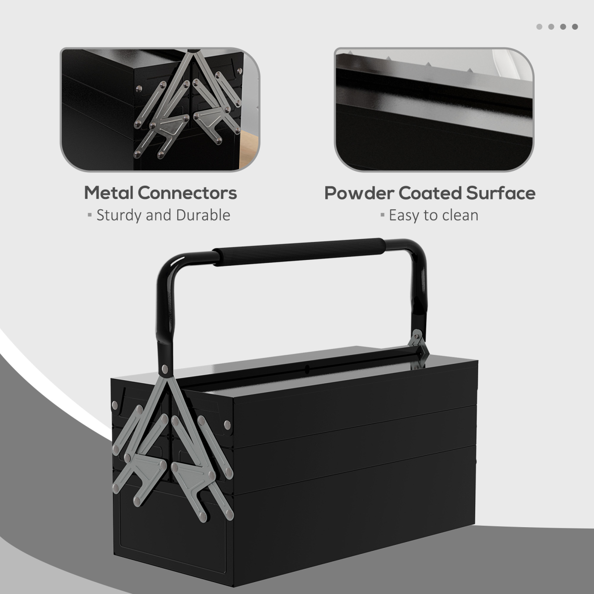 Folding Tool Box with 5 Collapsible Trays – Rust-Resistant Steel Organiser for Home and Workshop, Black