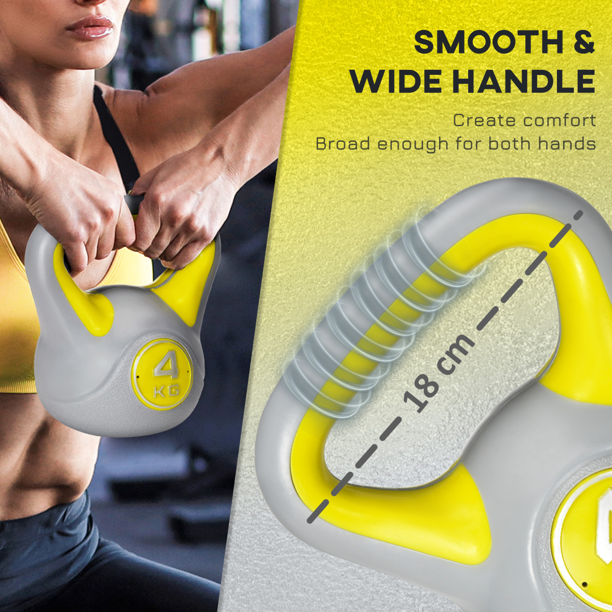 SPORTNOW 4kg Kettlebell with Wide Handle & Flat Base – Home Gym Strength Training Weight, Yellow and Grey