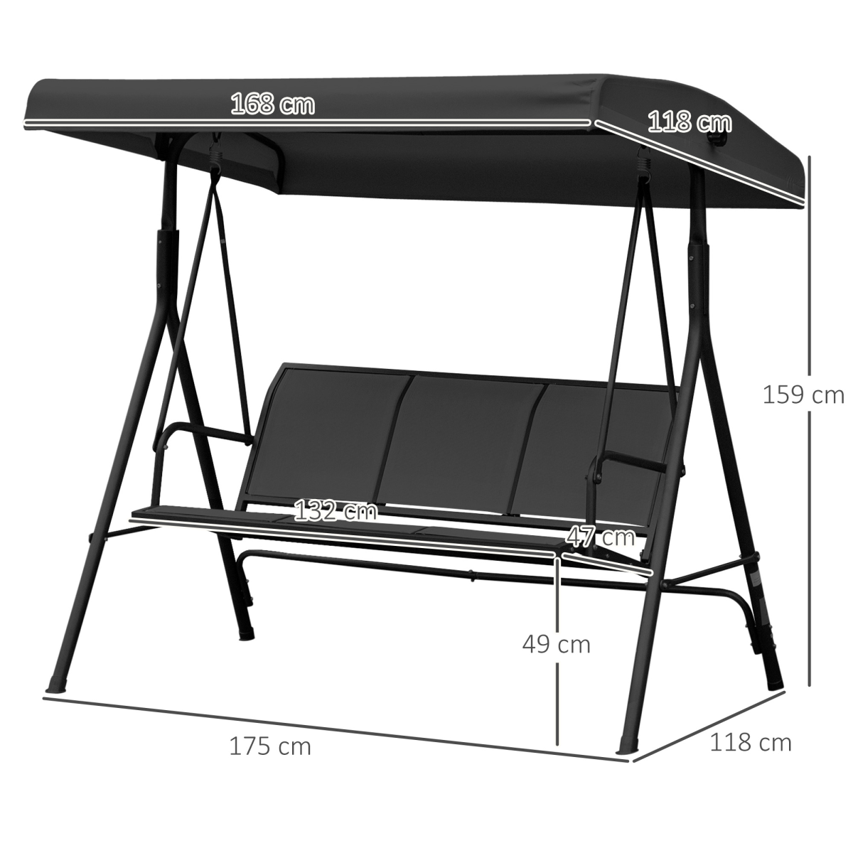 Outsunny 3 Seater Garden Swing Hammock with Canopy, Steel Frame & Anti-Slip Feet – Patio Swing Seat, Black