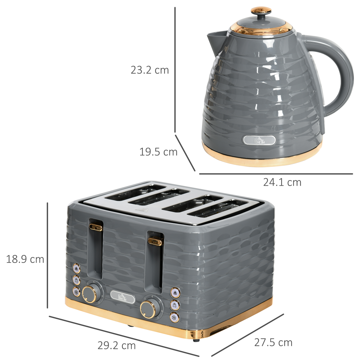 HOMCOM Kettle and Toaster Set with 1.7L Rapid Boil Kettle & 4-Slice Toaster – Matching Breakfast Set, Grey