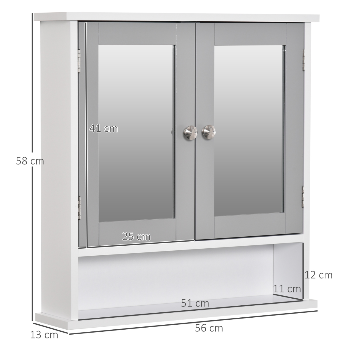 kleankin Wall-Mounted Mirror Cabinet with Double Mirrored Doors and Open Shelf – Bathroom Storage, Grey