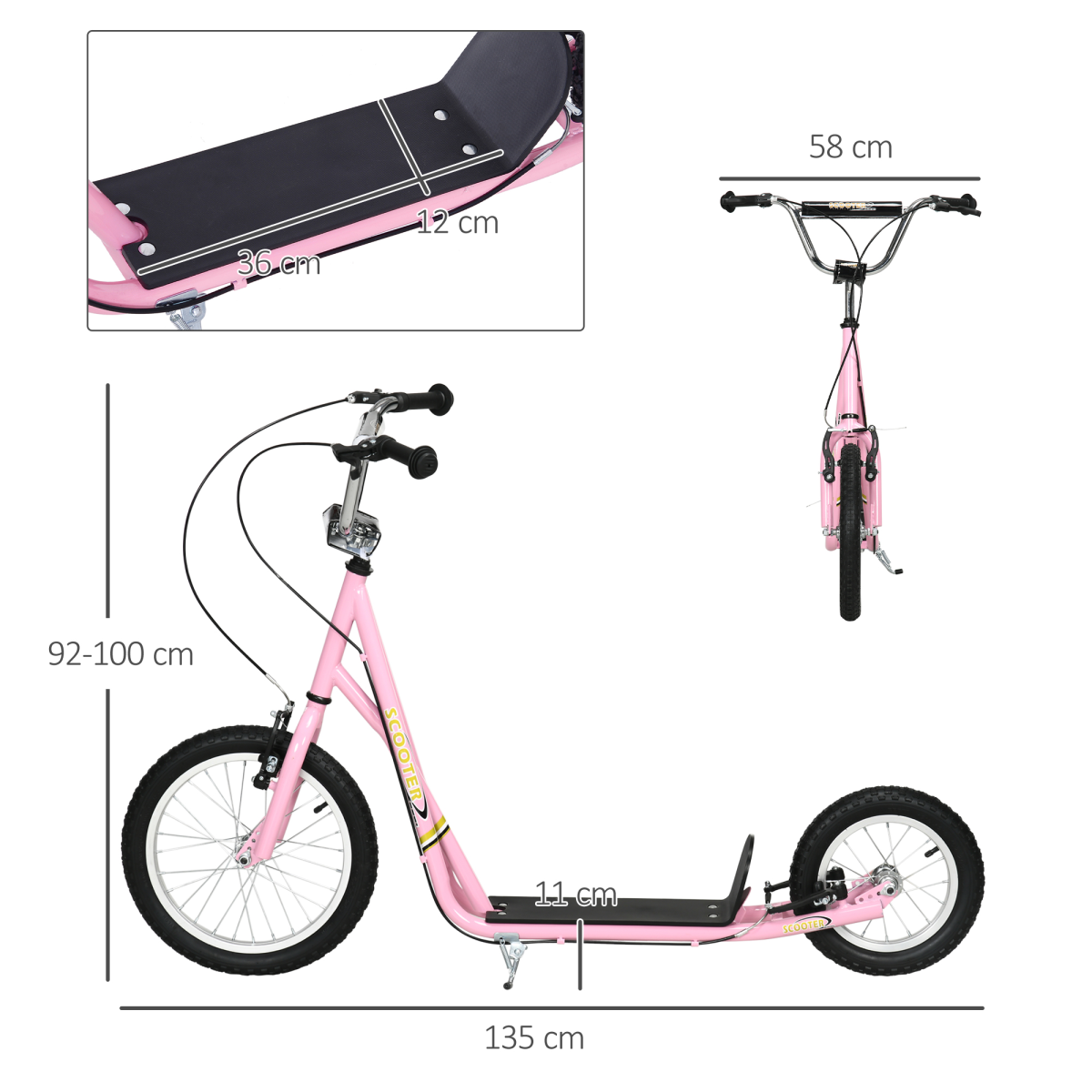 HOMCOM Kids Kick Scooter with Dual Brakes, Kickstand & Adjustable Height – Big Wheel Rubber Tyre Scooter for 5+ Years