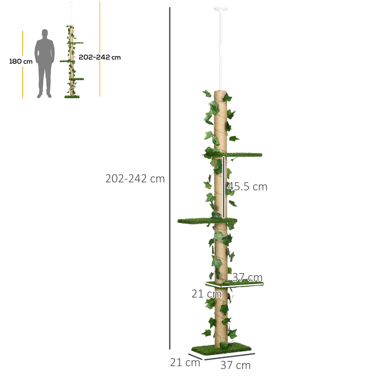 242cm Adjustable Floor-to-Ceiling Cat Tree with Jute Scratching Post and Anti-Slip Kit – Tall Cat Tower, Green