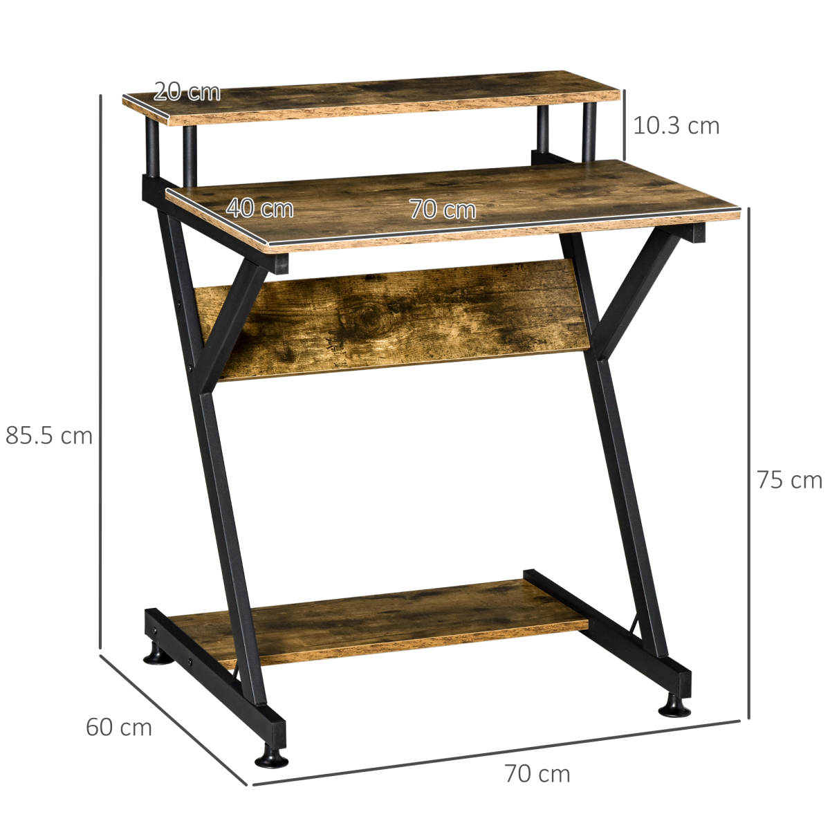 HOMCOM R-Shaped Computer Desk with Monitor Shelf and Storage Shelf, Metal Frame – Brown