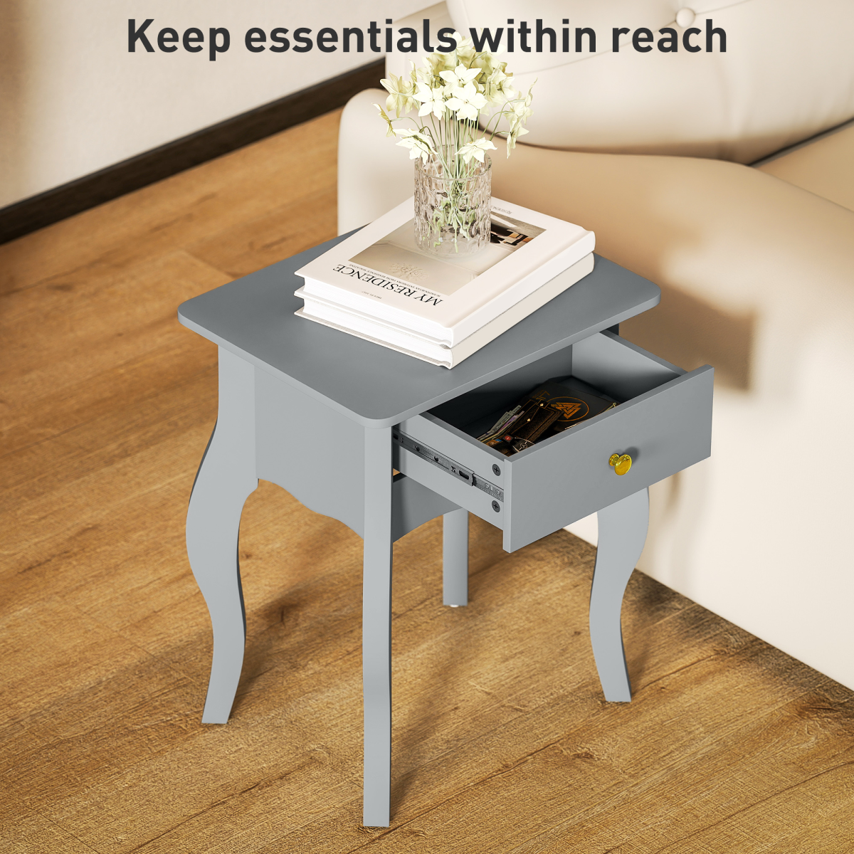 French-Style Side Table with Drawer, Curved Legs & Anti-Tip Strap – Bedside Nightstand & Lamp Table, Grey