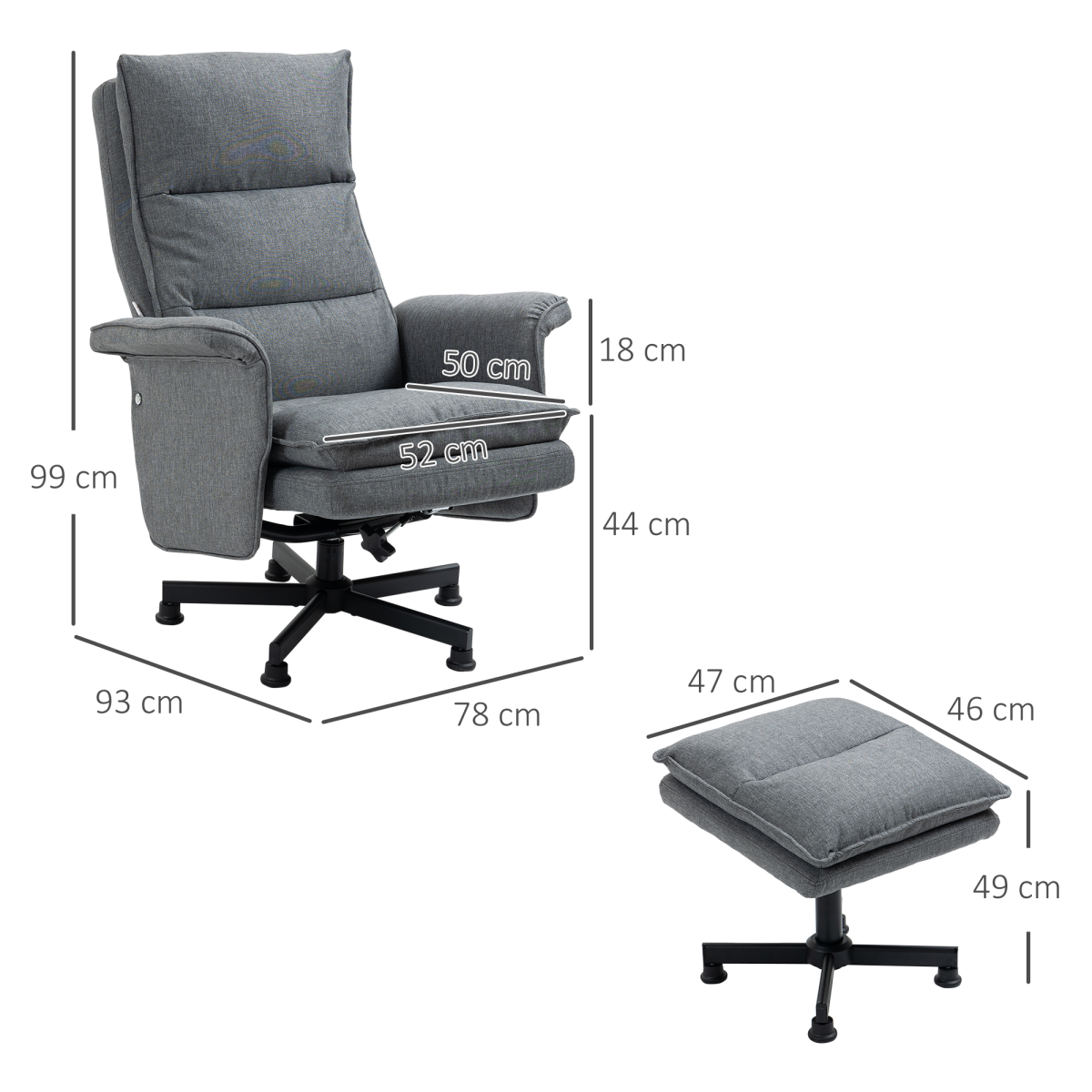 HOMCOM Swivel Recliner Chair with Footstool, 8-Point Massage & Remote Control – Linen-Look Armchair, Grey
