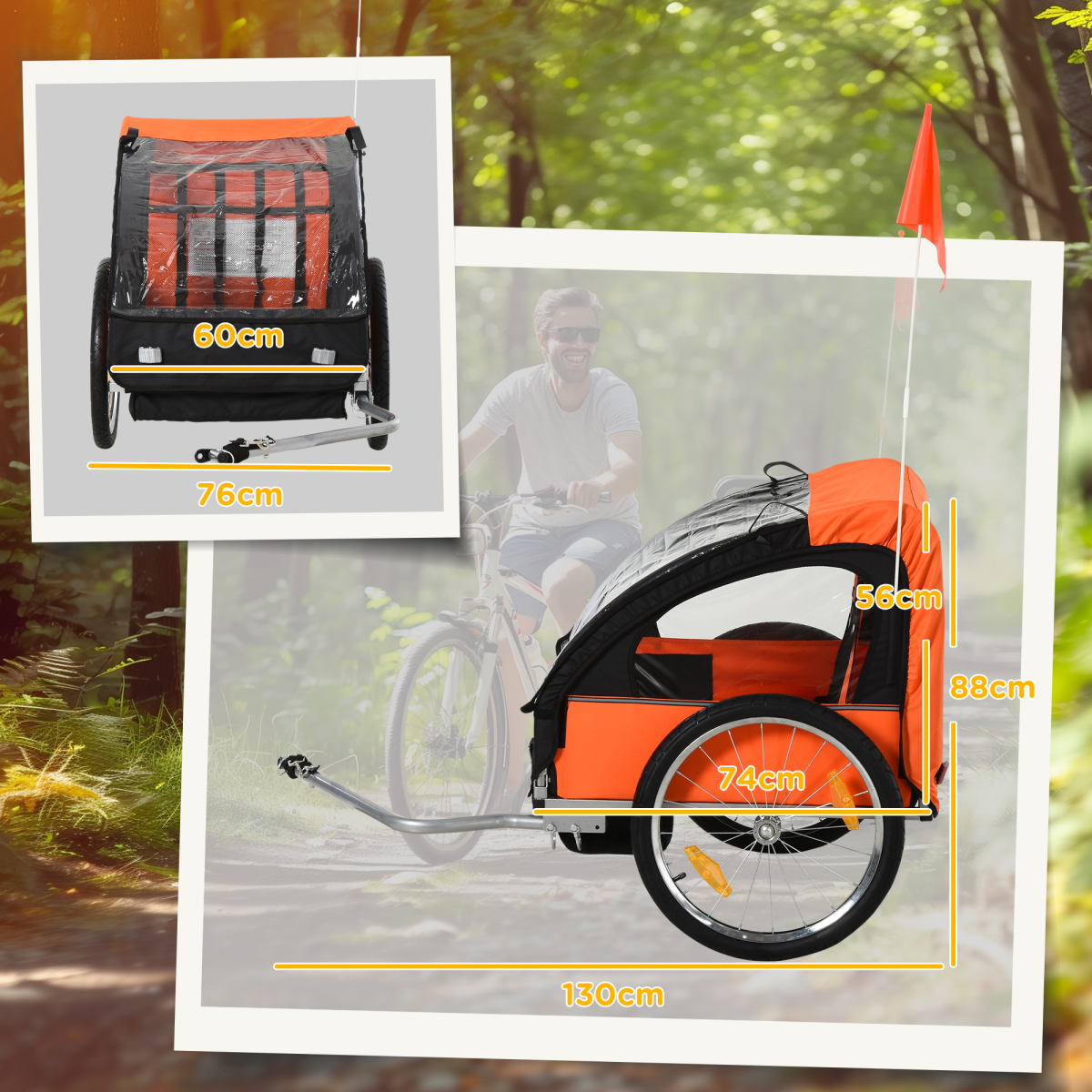 HOMCOM 2-Seat Child Bike Trailer with Steel Frame, Five-Point Harnesses & Roll-Up Door – Kids Trailer, Orange