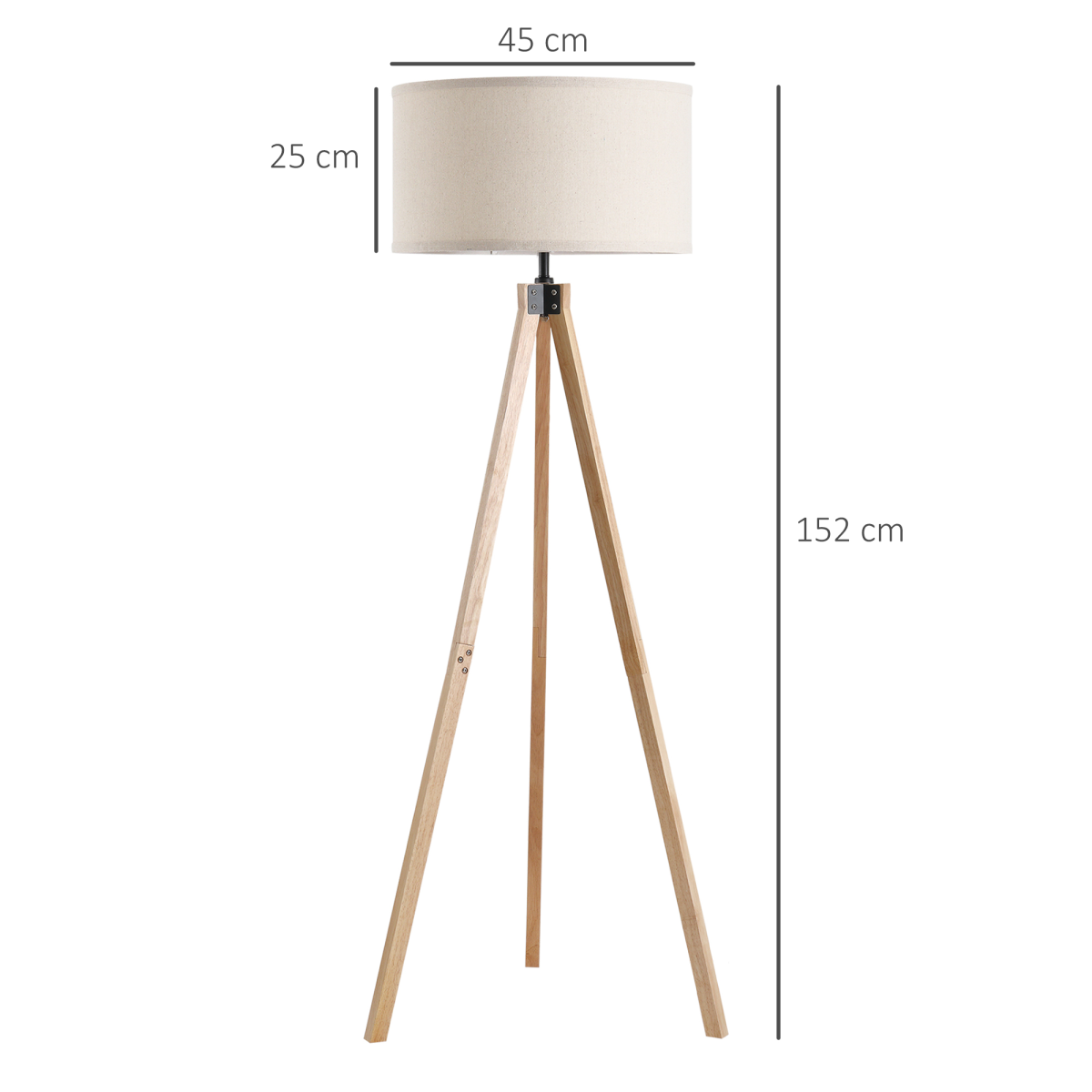 HOMCOM Rubberwood Tripod Floor Lamp with Fabric Shade – Stylish Living Room Lighting, Beige