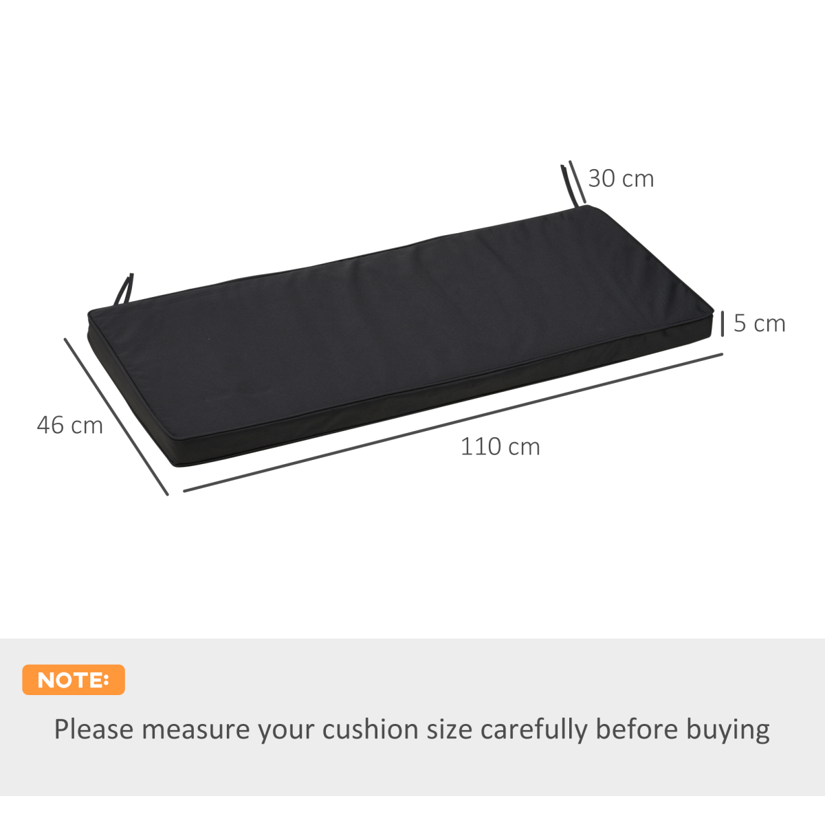 Outsunny 2-Seater Garden Bench Cushion with Tie Fastenings – Cotton-Filled Polyester Seat Pad, Black