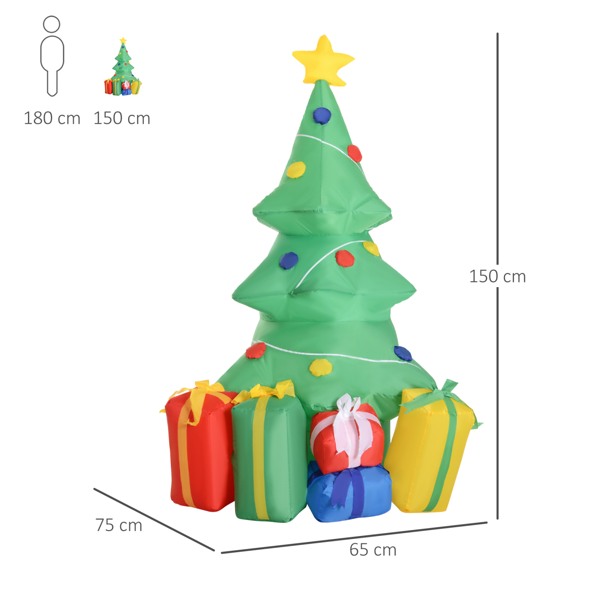 HOMCOM 5ft Inflatable Christmas Tree with Ornaments and Presents, LED Lit – Air Blown Outdoor Lawn Decoration